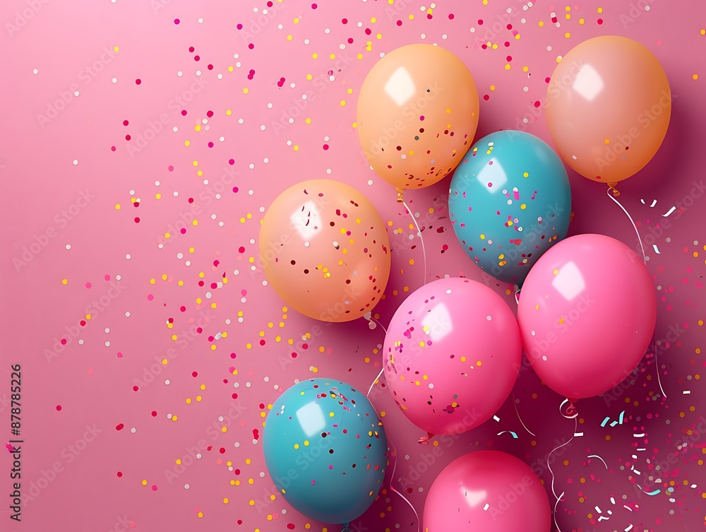 Top view of a pink background with balloons and confetti, ideal for a celebration or party. Text area included. Top view of a pink background with balloons and confetti, ideal for a celebration or party. Text area included.