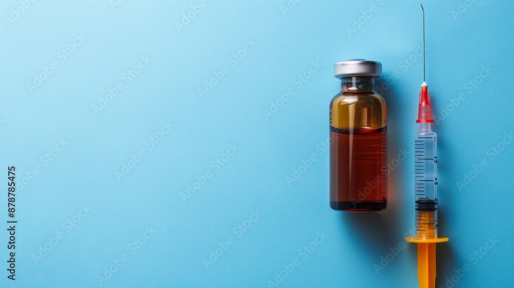 Vaccine bottle and syringe with broken needle on blue background, top view with space for text Vaccine bottle and syringe with broken needle on blue background, top view with space for text