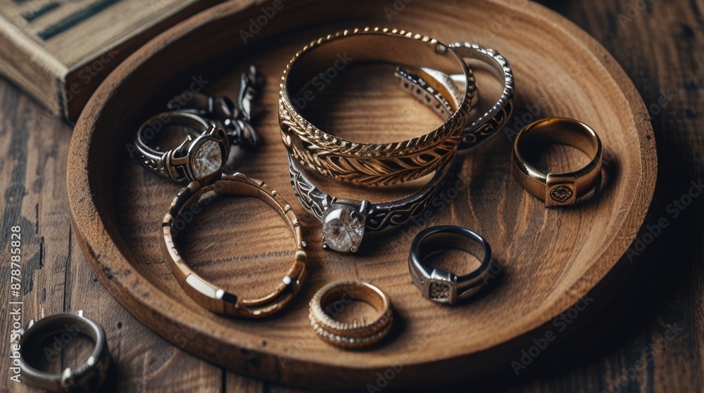 Flat lay with Men's Accessories rings and necklaces on a Wooden Background Flat lay with Men's Accessories rings and necklaces on a Wooden Background