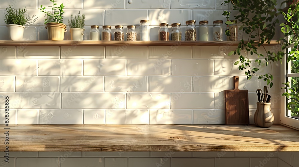 Kitchen brass utensils, chef accessories. Hanging kitchen with white tiles wall and wood tabletop.Green plant on kitchen background generated ai Kitchen brass utensils, chef accessories. Hanging kitchen with white tiles wall and wood tabletop.Green plant on kitchen background generated ai