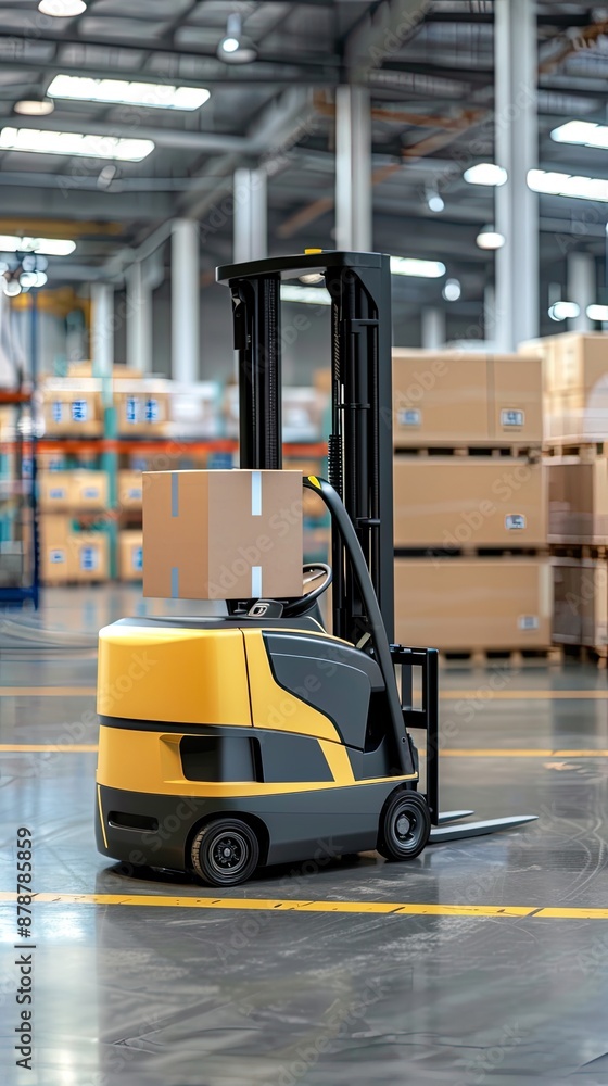 Two yellow forklifts are loading boxes in a modern warehouse. One forklift is loading boxes onto a pallet while the other one is ready to transport a pallet of boxes Two yellow forklifts are loading boxes in a modern warehouse. One forklift is loading boxes onto a pallet while the other one is ready to transport a pallet of boxes