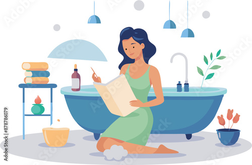 Woman reading book while relaxing at home bathtub spa setup with candles and plants