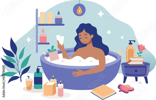 Woman relaxing in bubble bath with candles, plants, and personal care items