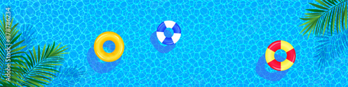Swimming pool vector illustration. Summer party banner with swim rings, float, aquatic texture and palms leaves. Holidays, travel and vacation card for spa, aqua centers designs and advertising.