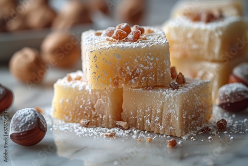 Hazelnut Turkish Delight pieces on a marble surface, scattered hazelnuts, Hazelnut turkish delight, Traditional Turkish delicacies, lokum, Assortment of Turkish delights, Loukoumi photo