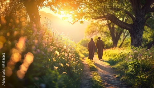 Jesus on the Road to Emmaus: Walking with Two Disciples at Sunset