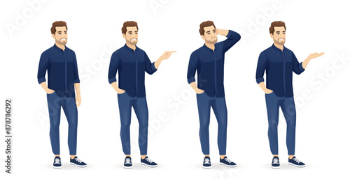 Set of young handsome man poses wearing blue shirt and jeans half turn view isolated vector illustration