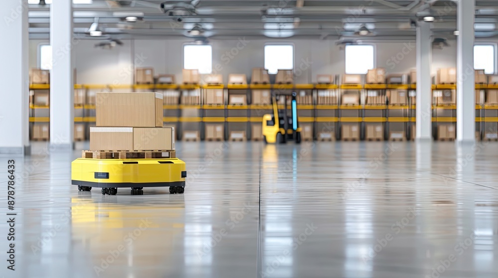 Two yellow forklifts are loading boxes in a modern warehouse. One forklift is loading boxes onto a pallet while the other one is ready to transport a pallet of boxes Two yellow forklifts are loading boxes in a modern warehouse. One forklift is loading boxes onto a pallet while the other one is ready to transport a pallet of boxes