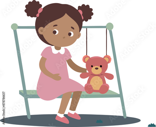 Sad little girl sitting on a swing with her teddy bear, isolated on white background
