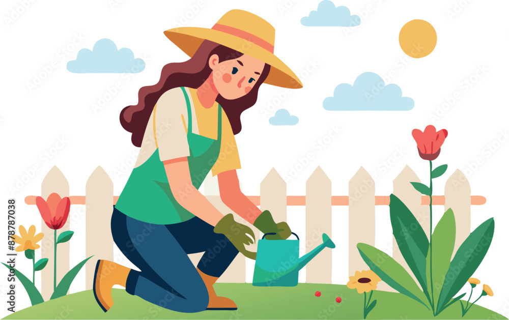Woman gardening in a sunny backyard with flowers and a white fence Woman gardening in a sunny backyard with flowers and a white fence