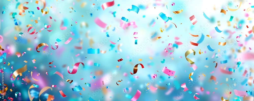 Vibrant confetti cascading against a blurred blue background, creating a festive and party theme with plenty of space for text. Vibrant confetti cascading against a blurred blue background, creating a festive and party theme with plenty of space for text.