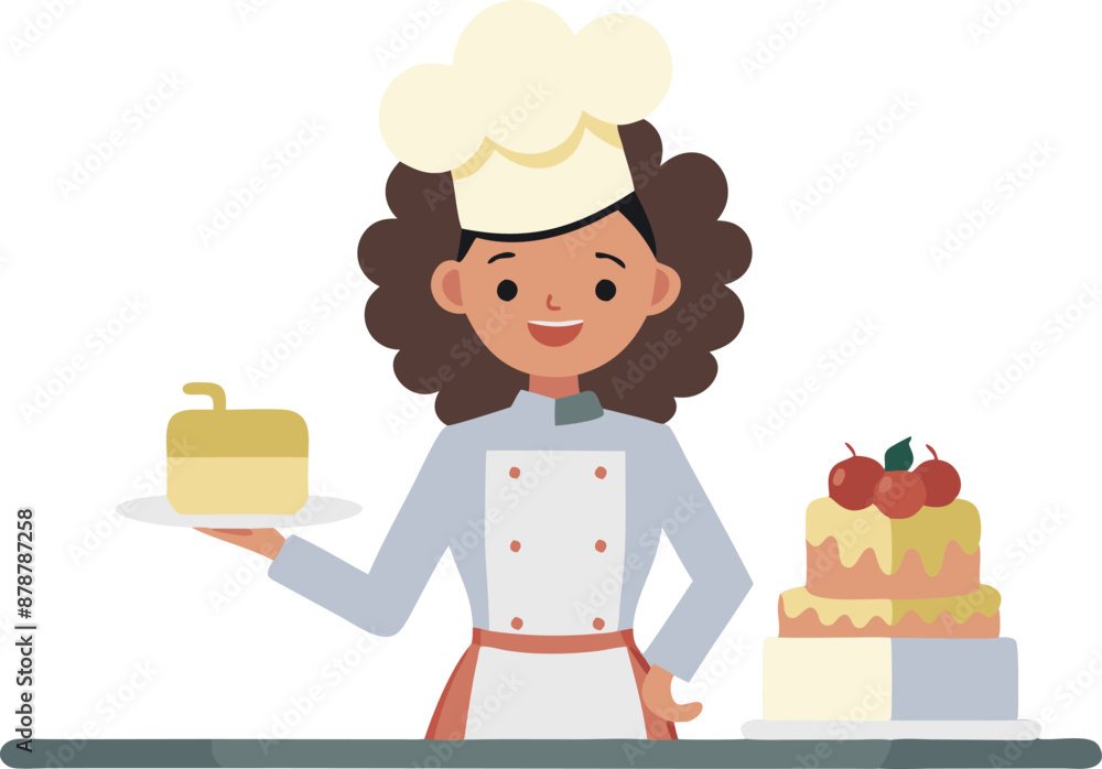 Smiling female baker holding a cake next to a decorated cake on a counter Smiling female baker holding a cake next to a decorated cake on a counter