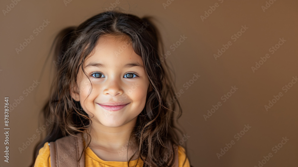 a joyful young, school aged hispanic girl wearing a backpack in front of a solid deep brown, photo backdrop a joyful young, school aged hispanic girl wearing a backpack in front of a solid deep brown, photo backdrop