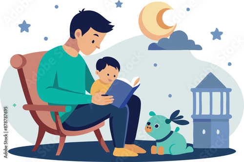 Father reading bedtime story to child with a toy in a cozy night setting