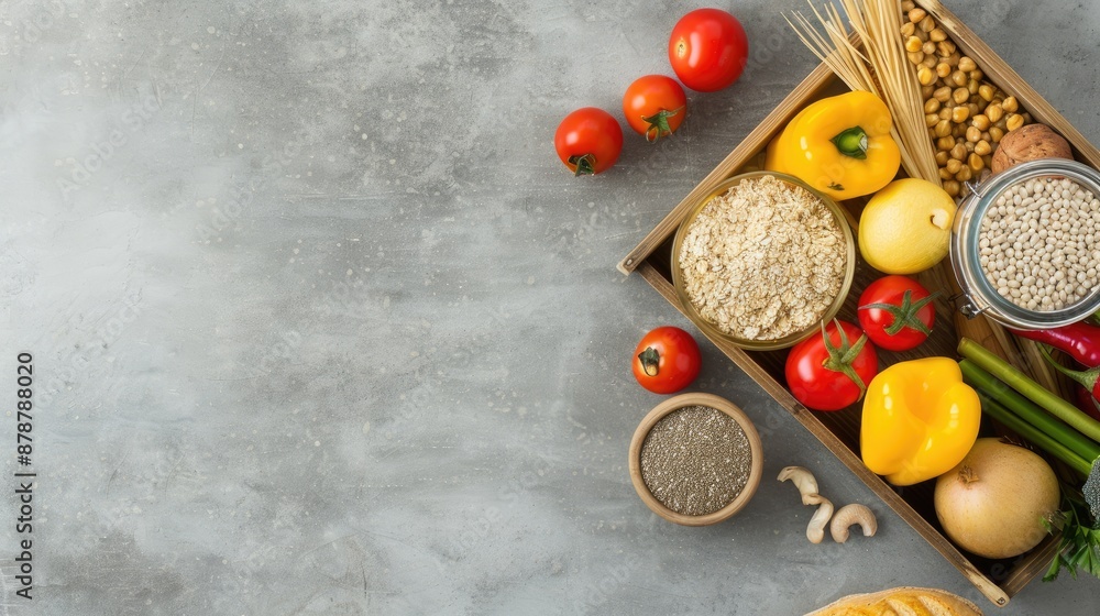 A wooden box with compartments is filled with various fruits, vegetables, and nuts. The box sits on a gray surface A wooden box with compartments is filled with various fruits, vegetables, and nuts. The box sits on a gray surface