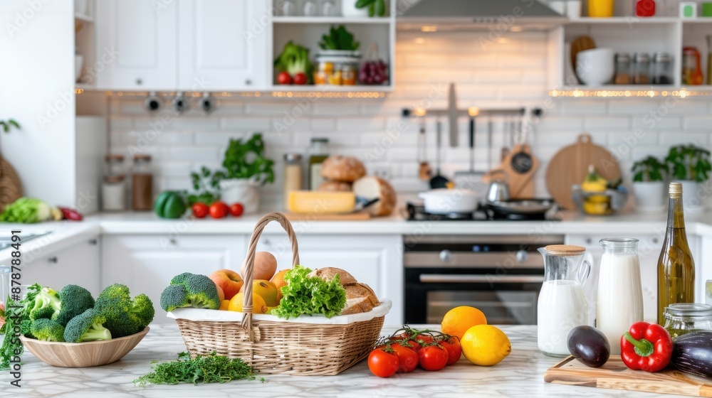 Fresh produce, dairy products, and bread are arranged on a white countertop in a modern kitchen. A wicker basket filled with apples, lemons, and lettuce sits next to a bowl of broccoli florets Fresh produce, dairy products, and bread are arranged on a white countertop in a modern kitchen. A wicker basket filled with apples, lemons, and lettuce sits next to a bowl of broccoli florets