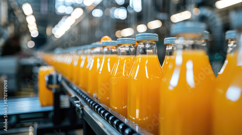 Orange Juice Bottles on Conveyor Belt in Factory