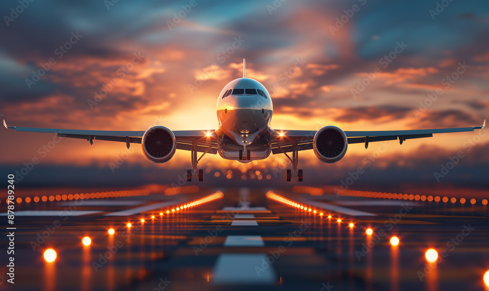 Commercial Airplane Landing on Runway at Sunset, Illuminated by Runway Lights, Capturing Aviation, Travel, and Transportation Concept Commercial Airplane Landing on Runway at Sunset, Illuminated by Runway Lights, Capturing Aviation, Travel, and Transportation Concept