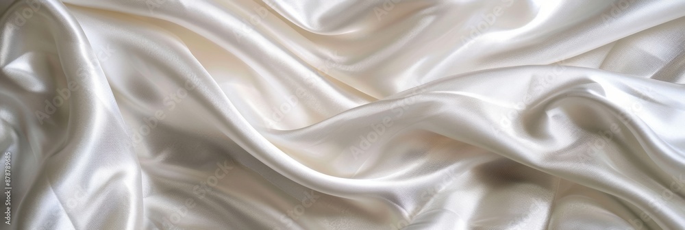 Fototapeta premium White drapery silk fabric background. Wavy satin cloth texture pattern. Smooth shiny drape material