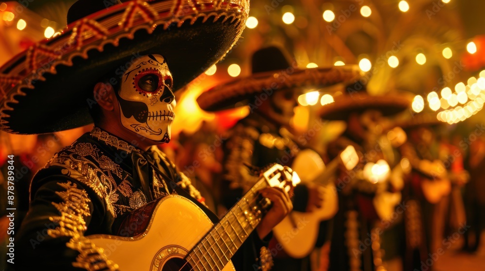 Obraz premium A musician in traditional costume plays guitar during a day of the dead celebration in mexico