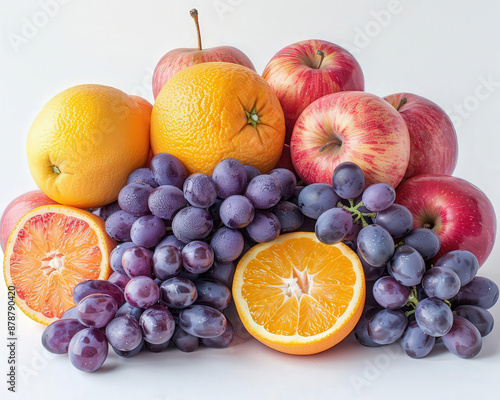 A colorful assortment of fresh fruits including apples, oranges, and grapes arranged against a plain white background.