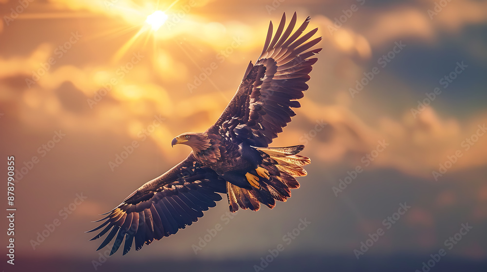 Obraz premium Majestic bird of prey soars through a radiant, golden sky, wings spread wide.