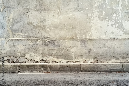A blank grungy cement screed wall along a road kerb with space for text.