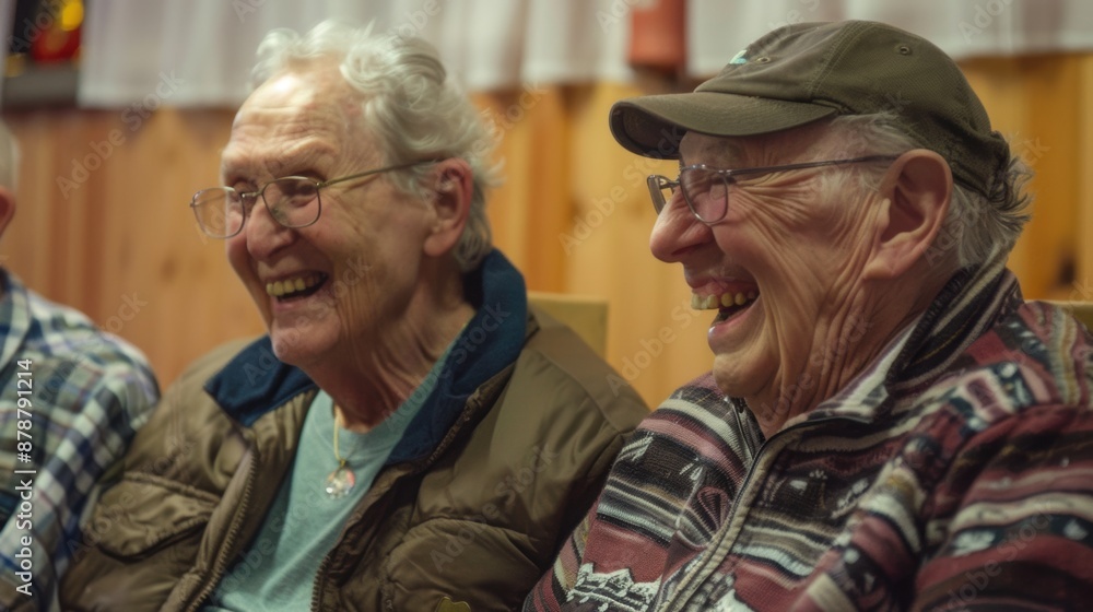 Elderly couple laughing together indoors during daytime Elderly couple laughing together indoors during daytime