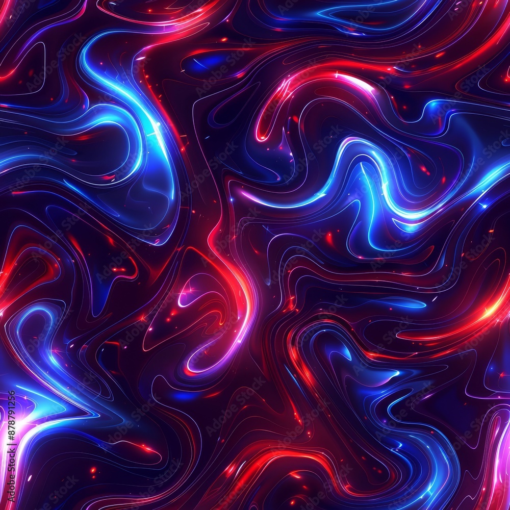 Fototapeta premium A mesmerizing seamless pattern featuring vibrant swirling neon lights in shades of blue and red. This digital art exudes energy and dynamism, perfect for modern and futuristic designs.