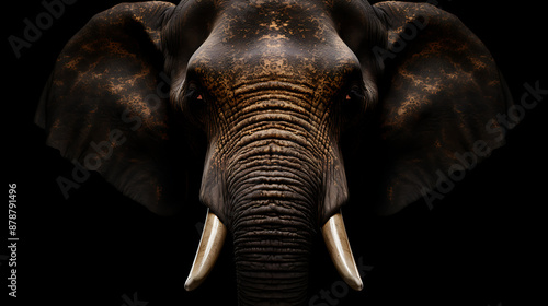 Powerful elephant head, intense gaze, dark background.
