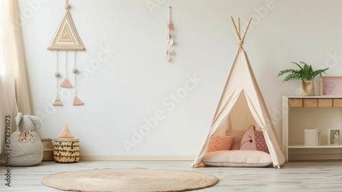 White tent play area with pink pillows and rattan decorations
