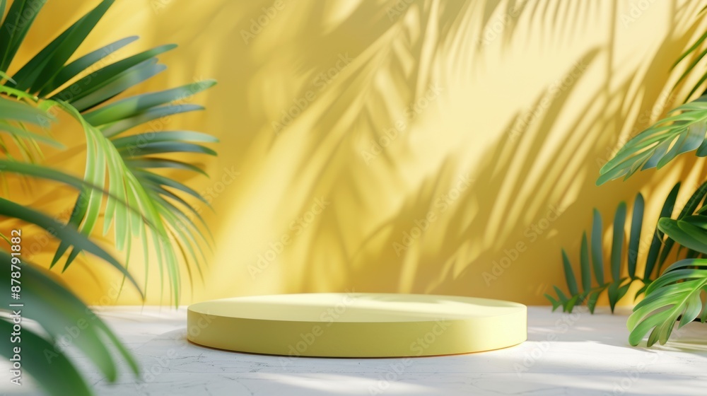 Fototapeta premium Yellow circular platform with palm leaf shadows