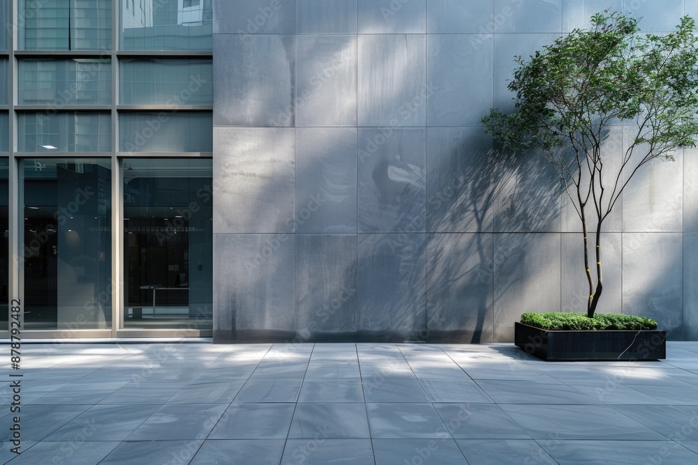 Empty gray concrete wall with reflection of modern office building.
