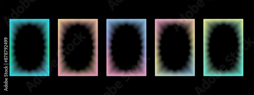 Collection of transparent rectangular gradient frames with wavy oval inner borders. Set of Retro frames with zigzag edges with blurring . Vector illustration on black background