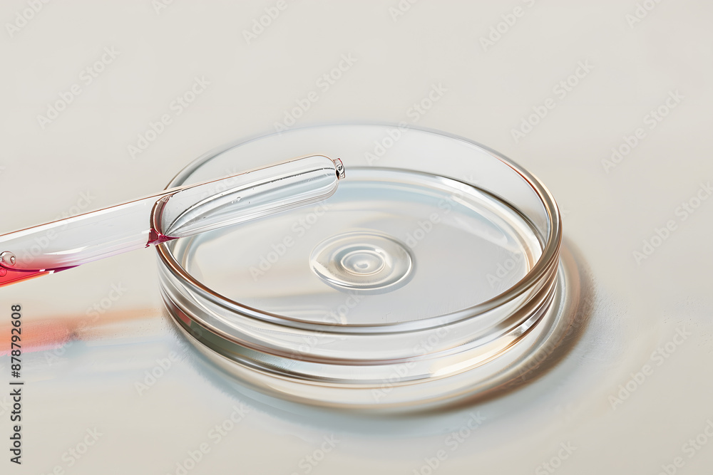 Glass pipette and petri dish with liquid on beige background, closeup Glass pipette and petri dish with liquid on beige background, closeup