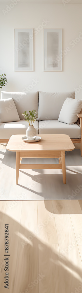 Fototapeta premium A living room with a light beige sofa and wooden coffee table.