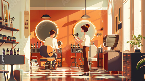 A sunny salon, two people getting haircuts.
