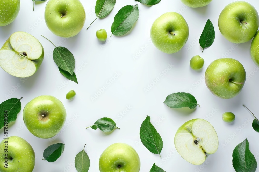 A group of fresh green apples sit atop a white surface, surrounded by their leaves A group of fresh green apples sit atop a white surface, surrounded by their leaves