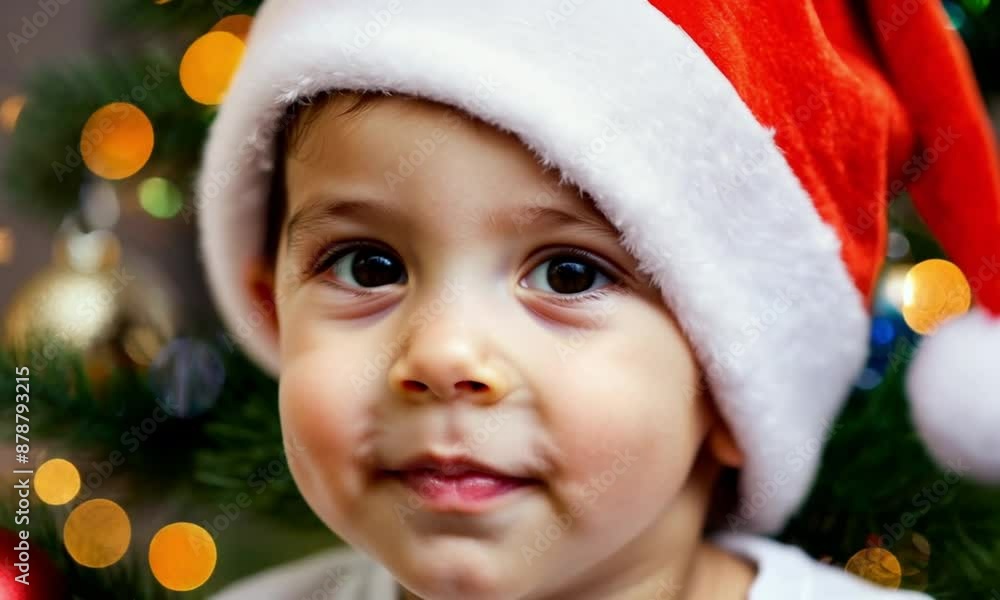 A close-up of a baby wearing a Santa hat, with large dark eyes and a gentle expression, with a blurred Christmas tree background A close-up of a baby wearing a Santa hat, with large dark eyes and a gentle expression, with a blurred Christmas tree background