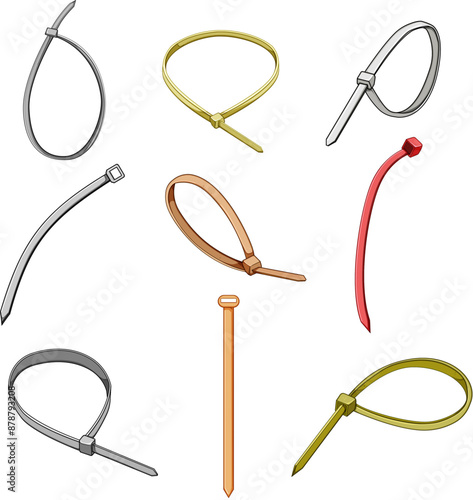 cable ties set cartoon. plastic zip, nylon wrap, bundle wire cable ties sign. isolated symbol vector illustration