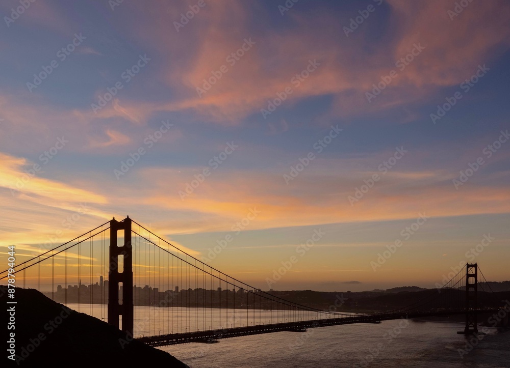 Golden Gate Bridge Sunrise View San Fransisco, California, Blue Sky Pink Clouds Beautiful Morning Landscape View of Bay Area Harbor Cityscape Golden Gate Bridge Sunrise View San Fransisco, California, Blue Sky Pink Clouds Beautiful Morning Landscape View of Bay Area Harbor Cityscape