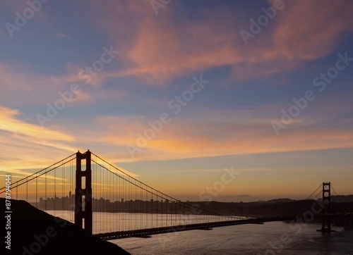 Golden Gate Bridge Sunrise View San Fransisco, California, Blue Sky Pink Clouds Beautiful Morning Landscape View of Bay Area Harbor Cityscape