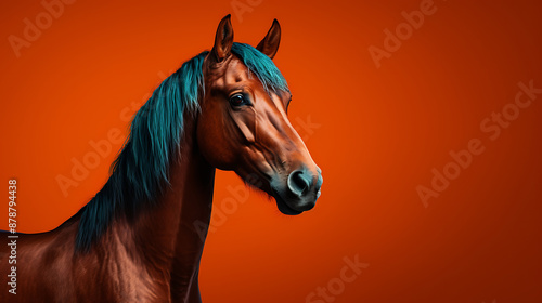 Horse with teal mane against orange backdrop.
