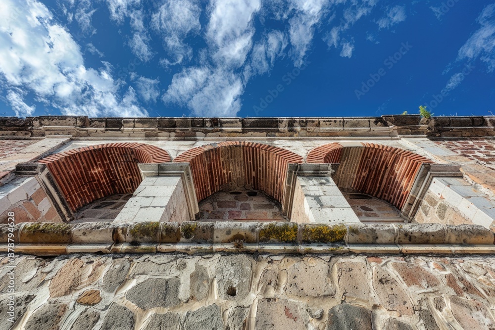 A brick building with arched windows against a clear blue sky A brick building with arched windows against a clear blue sky