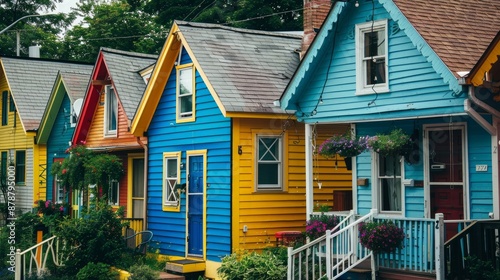 A row of colorful, vibrantly painted houses photo