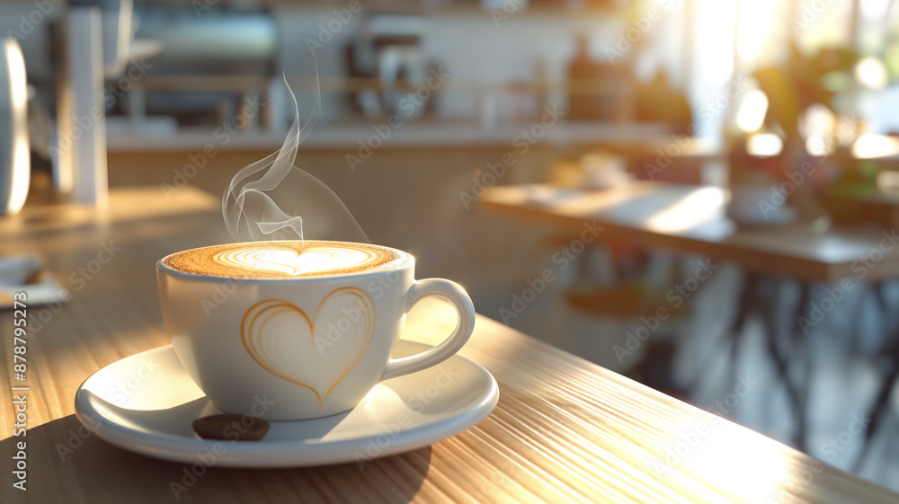 Elegant Coffee Cup with Latte Art in Minimalist Café Elegant Coffee Cup with Latte Art in Minimalist Café