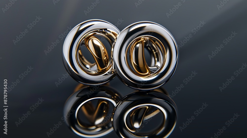 Silver and gold earring together on the reflective surface very detailed and realistic shape Silver and gold earring together on the reflective surface very detailed and realistic shape
