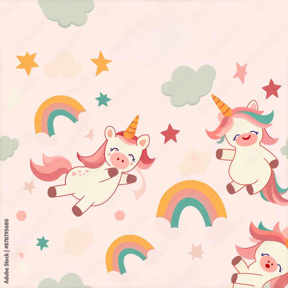 Obraz premium Cute unicorns and rainbows on a pink background, featuring whimsical and playful design elements, perfect for children's decor and creative projects. Seamless Pattern.