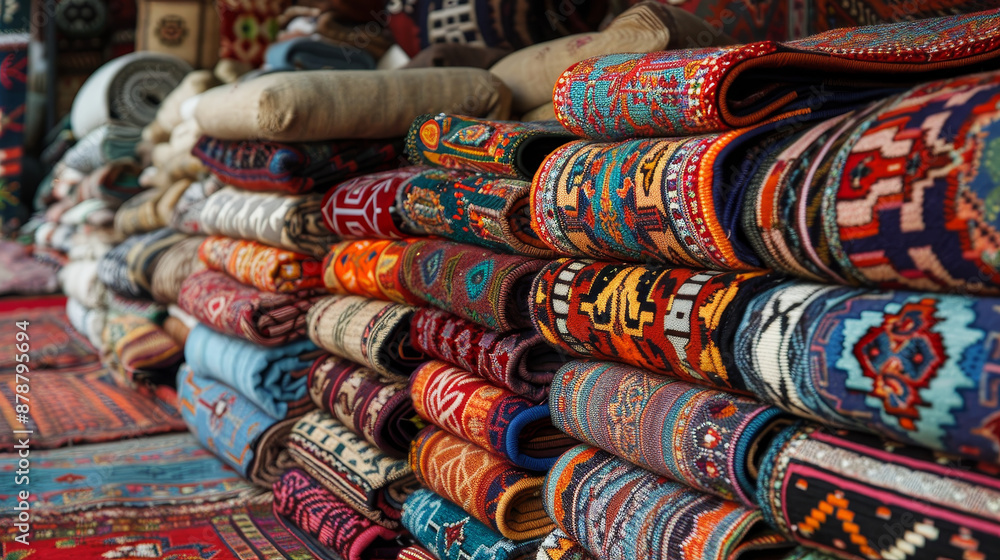 Display of ornate Oriental rugs and carpets. Display of ornate Oriental rugs and carpets.