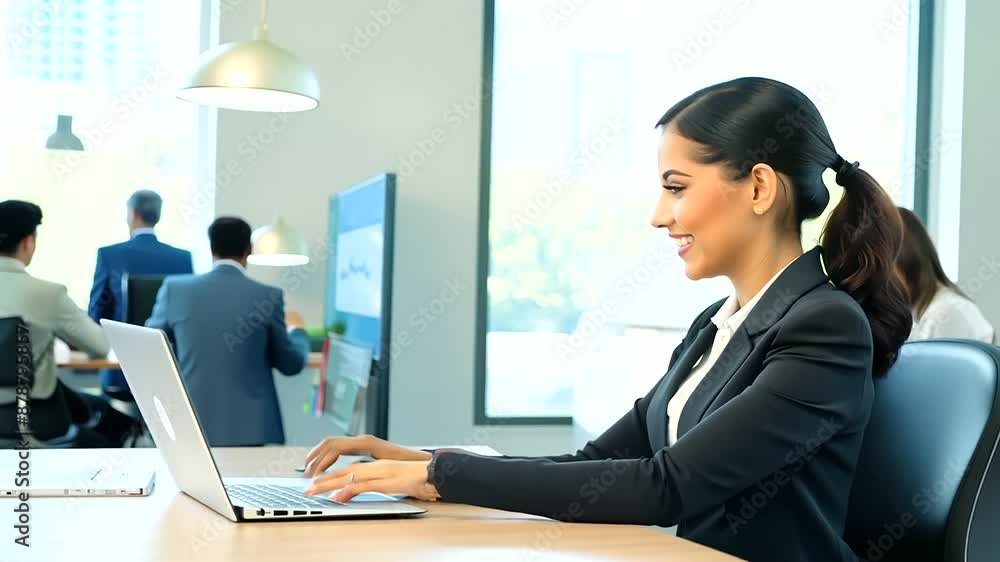 Dynamic 360-degree time-lapse of a successful Latin businesswoman smiling and working diligently on her laptop in a productive office setting. Dynamic 360-degree time-lapse of a successful Latin businesswoman smiling and working diligently on her laptop in a productive office setting.